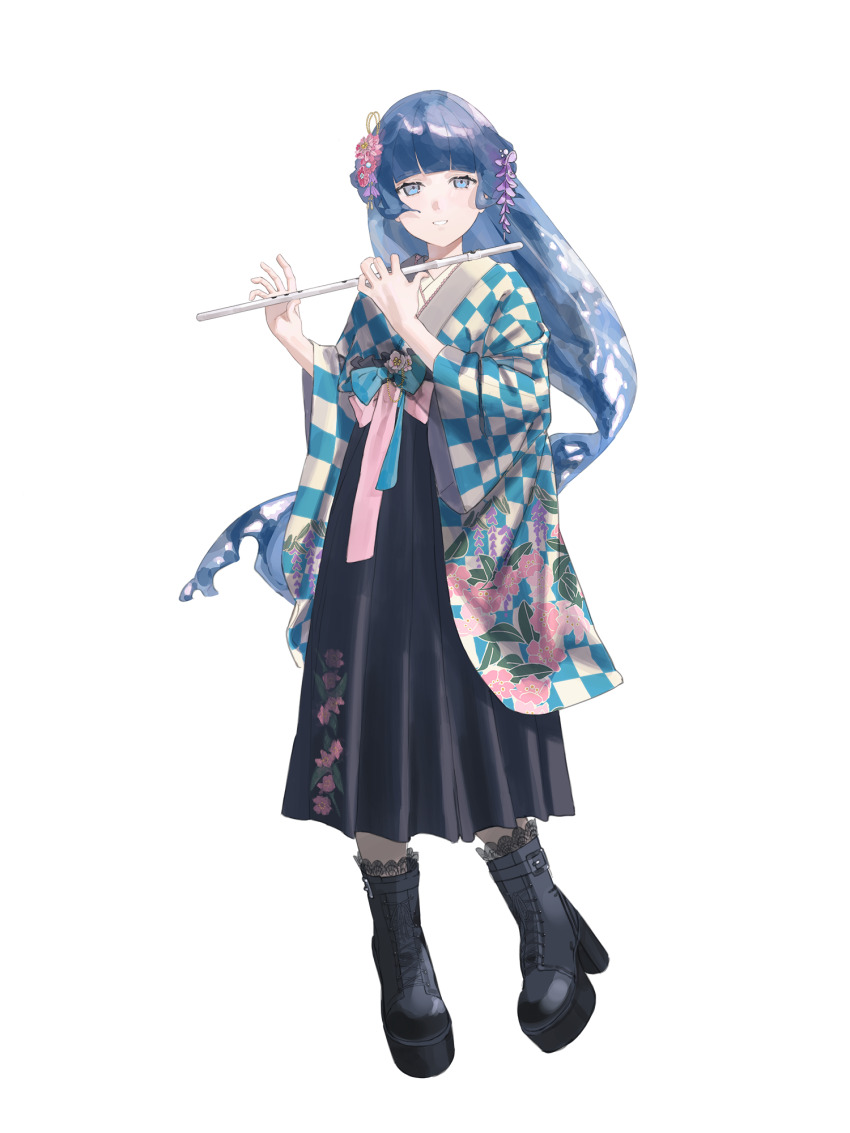 1girl, black_boots, blue_eyes, blue_hair, boots, chain_paradox, checkered_clothes, checkered_kimono, floral_print, flower, flute, hair_flower, hair_ornament, highres, holding, holding_instrument, instrument, japanese_clothes, kimono, long_hair, platform_boots, sabae_38, solo, standing, transparent_background, watatsumi_shizuku, wide_sleeves