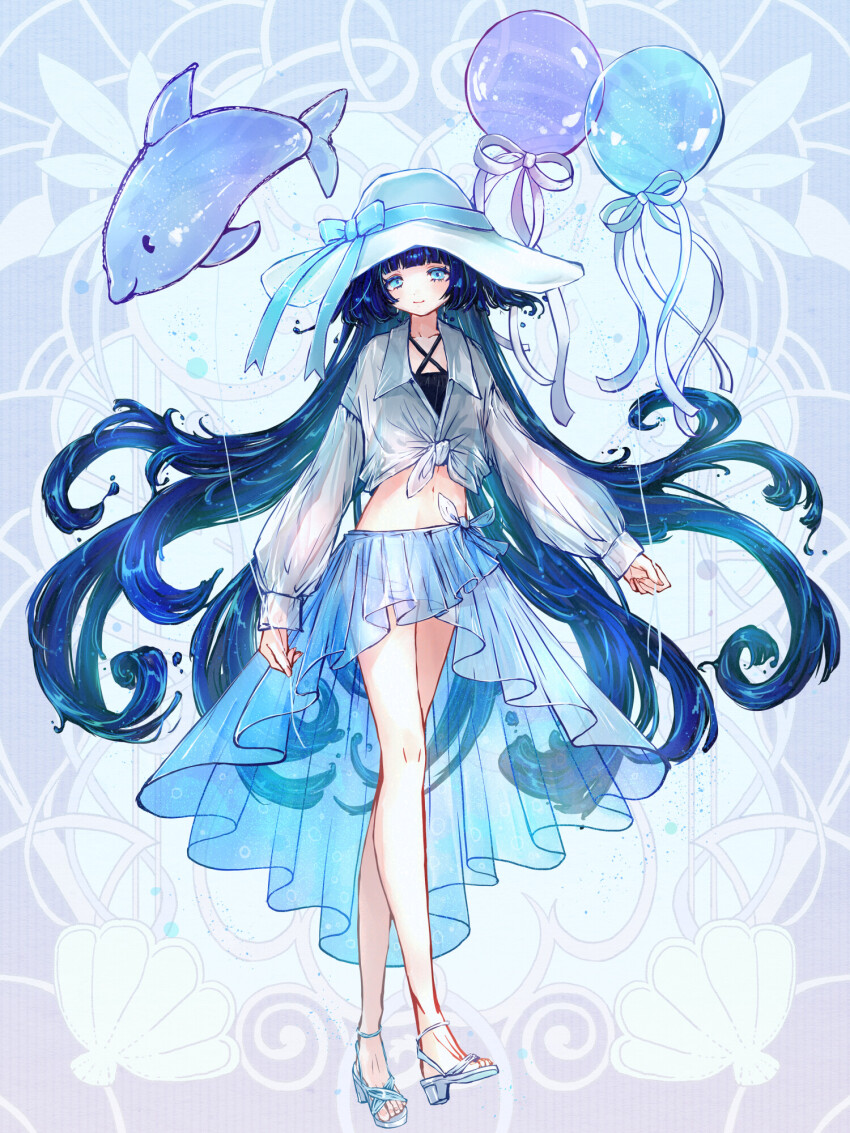 1girl, balloon, blue_background, blue_bow, blue_eyes, blunt_bangs, bow, chain_paradox, dolphin, full_body, hat, hat_bow, highres, long_hair, midriff, sandals, see-through_clothes, see-through_skirt, shirt, skirt, solo, standing, sun_hat, tied_shirt, very_long_hair, watakushi_(tw), watatsumi_shizuku, white_hat