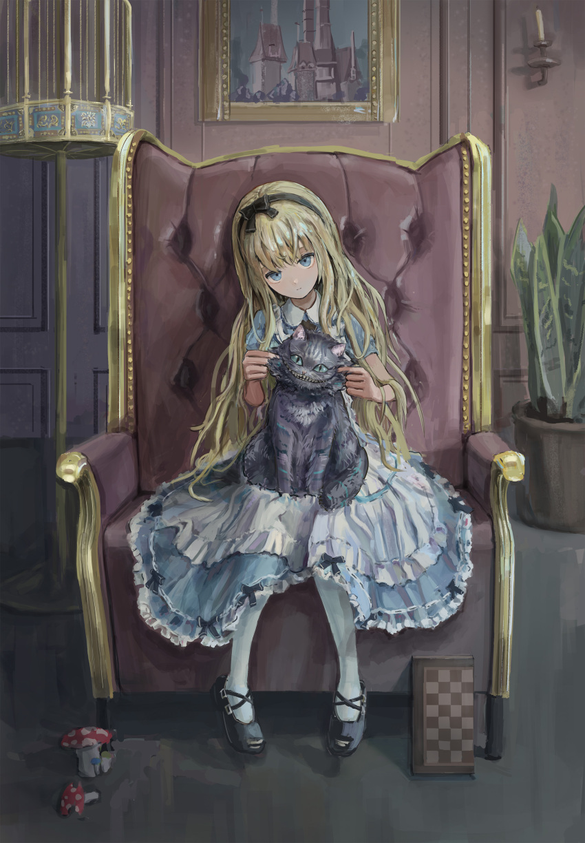 1girl, absurdres, alice's_adventures_in_wonderland, alice_(alice_in_wonderland), animal, animal_on_lap, apron, black_bow, black_hairband, black_shoes, blonde_hair, blue_dress, blue_eyes, bow, bow_hairband, cat, chair, cheek_pinching, cheshire_cat_(alice_in_wonderland), collared_dress, commentary_request, dress, dress_bow, full_body, hair_bow, hairband, head_tilt, highres, indoors, katamimi123, long_hair, looking_at_viewer, on_chair, on_lap, pantyhose, pinching, shoes, short_sleeves, sitting, solo, very_long_hair, white_apron, white_pantyhose