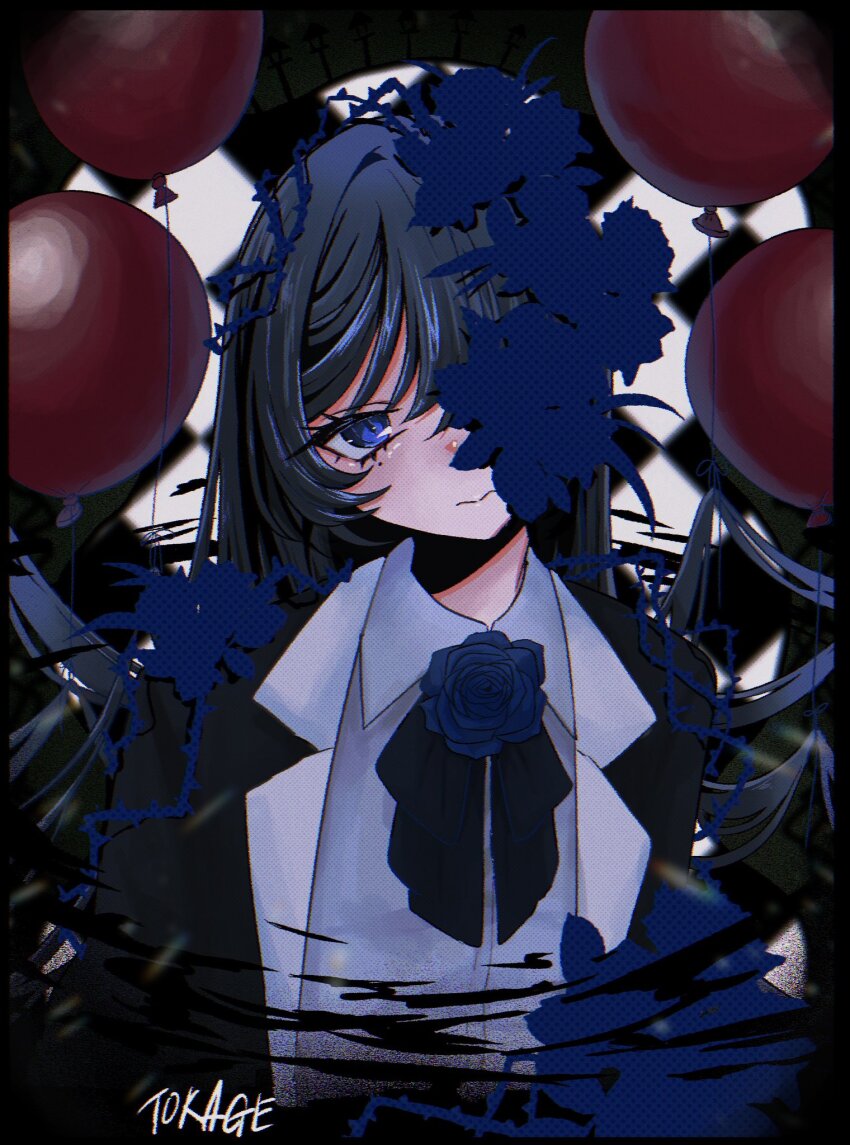 1girl, ado_(utaite), balloon, black_bow, black_bowtie, black_hair, blue_eyes, blue_flower
