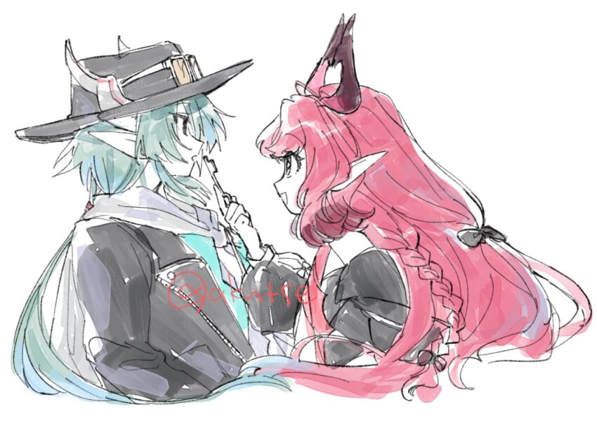 1boy, 1girl, arknights, black_hat, black_horns, black_jacket, bow, braid