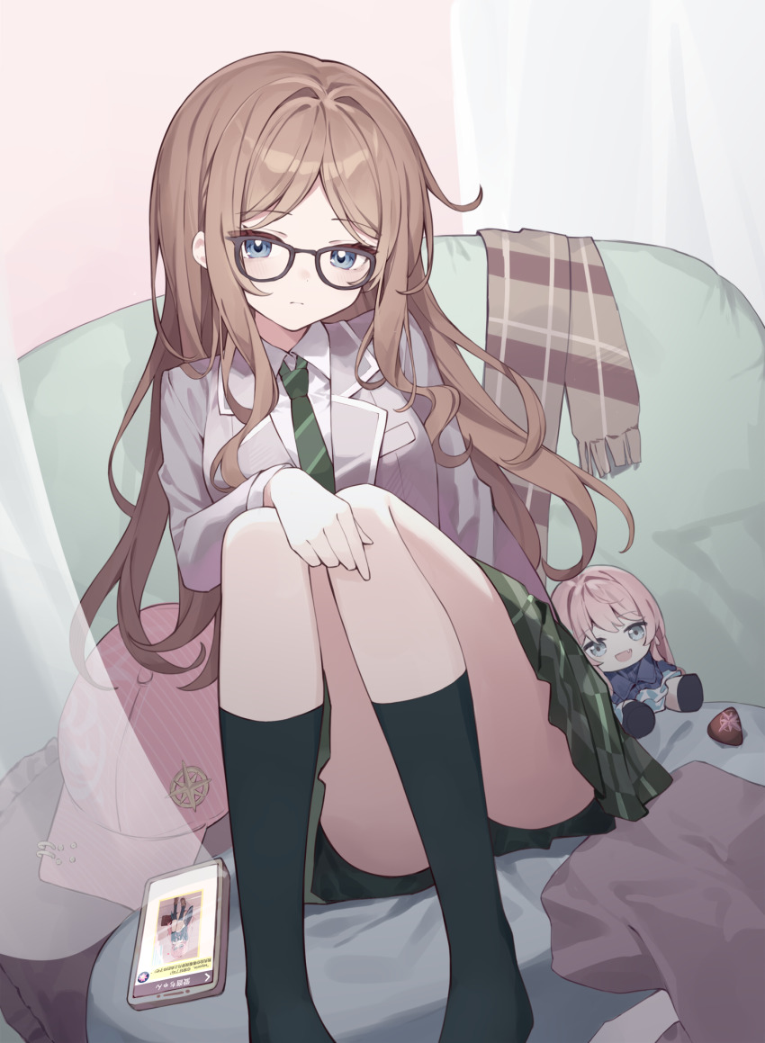 1girl, bang_dream!, bang_dream!_it's_mygo!!!!!, black_socks, blue_eyes, brown_hair, cellphone, character_doll