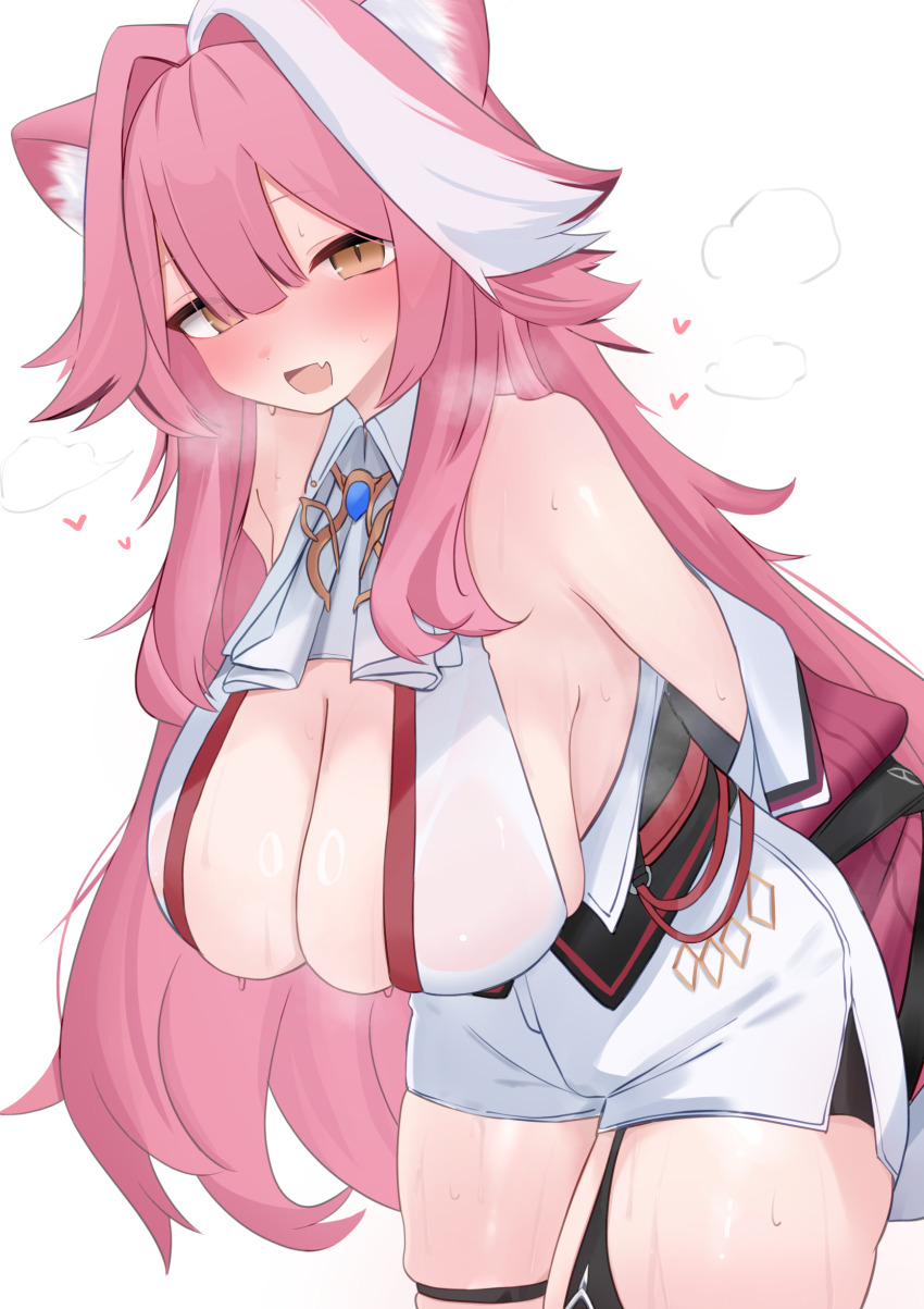 1girl, absurdres, animal_ears, ascot, bare_shoulders, blush, breasts, cleavage