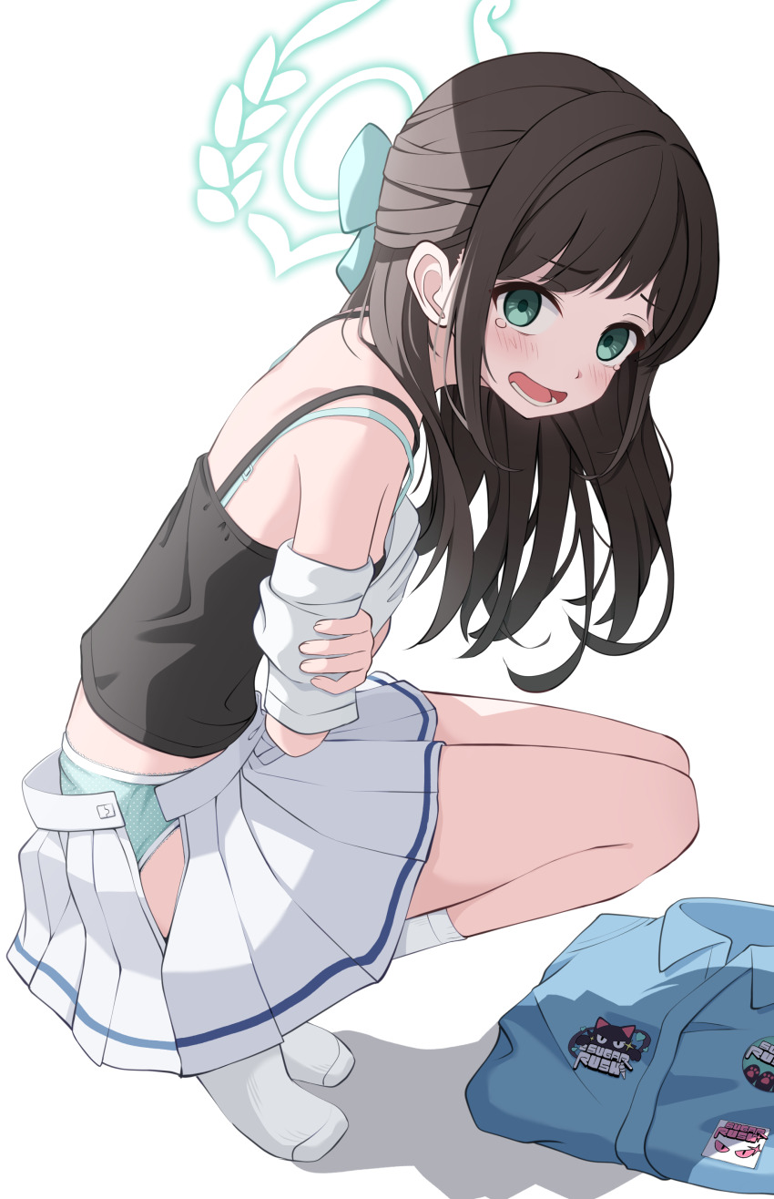 1girl, absurdres, airi_(band)_(blue_archive), airi_(blue_archive), black_camisole, blue_archive, blue_jacket, blush