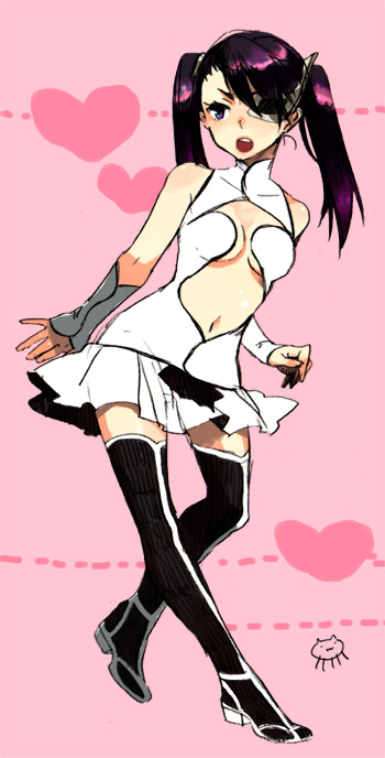 1girl, arrancar, black_hair, black_thighhighs, bleach, female_focus, heart, loly_aivirrne, long_hair, midriff, open_mouth, skirt, skull, sleeveless, solo, thighhighs, twintails, yoshi_susuki