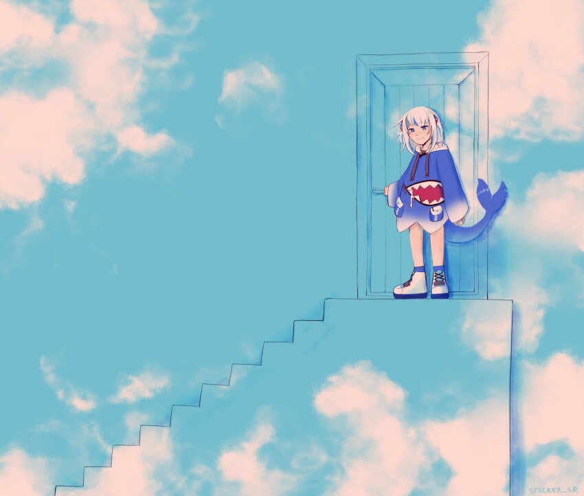 1girl, fins, fish_tail, full_body, gawr_gura, grey_hair, highres, hololive, hololive_english, hood, hoodie, long_hair, shark_girl, shark_tail, smile, solo, sticker_sr, tail, the_truman_show, virtual_youtuber