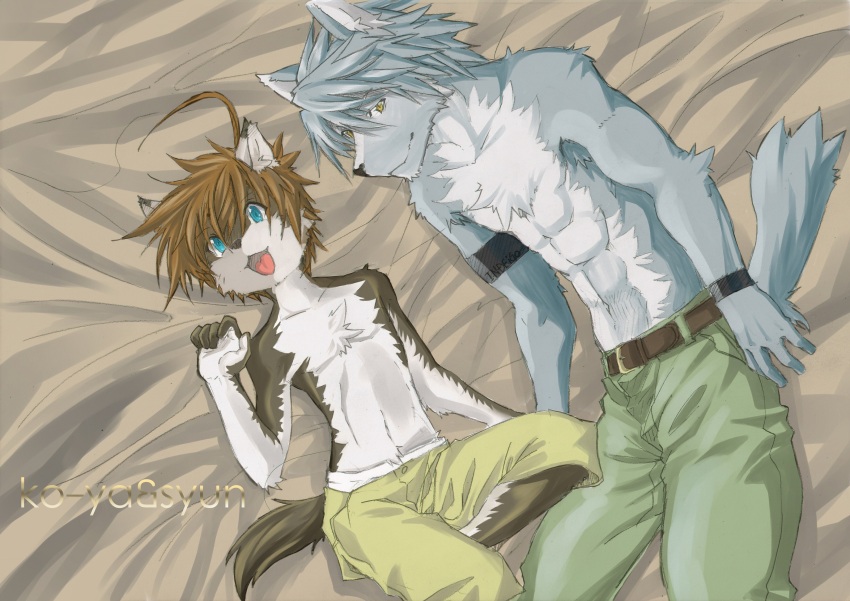 2boys, abs, absurdres, ahoge, animal_ears, armband, biceps, brown_fur, brown_hair, brown_shorts, character_name, closed_mouth, commentary_request, dog_boy, dog_ears, animal_nose, dog_tail, furry, furry_male, green_pants, grey_fur, grey_hair, highres, indeigo15, kouya_aotsuki, looking_at_viewer, lying, male_focus, morenatsu, multiple_boys, navel, on_bed, open_mouth, pants, shorts, shota, shun_kodori, smile, tail, toned, toned_male, topless_male, wolf_boy, wolf_ears, wolf_tail, wristband