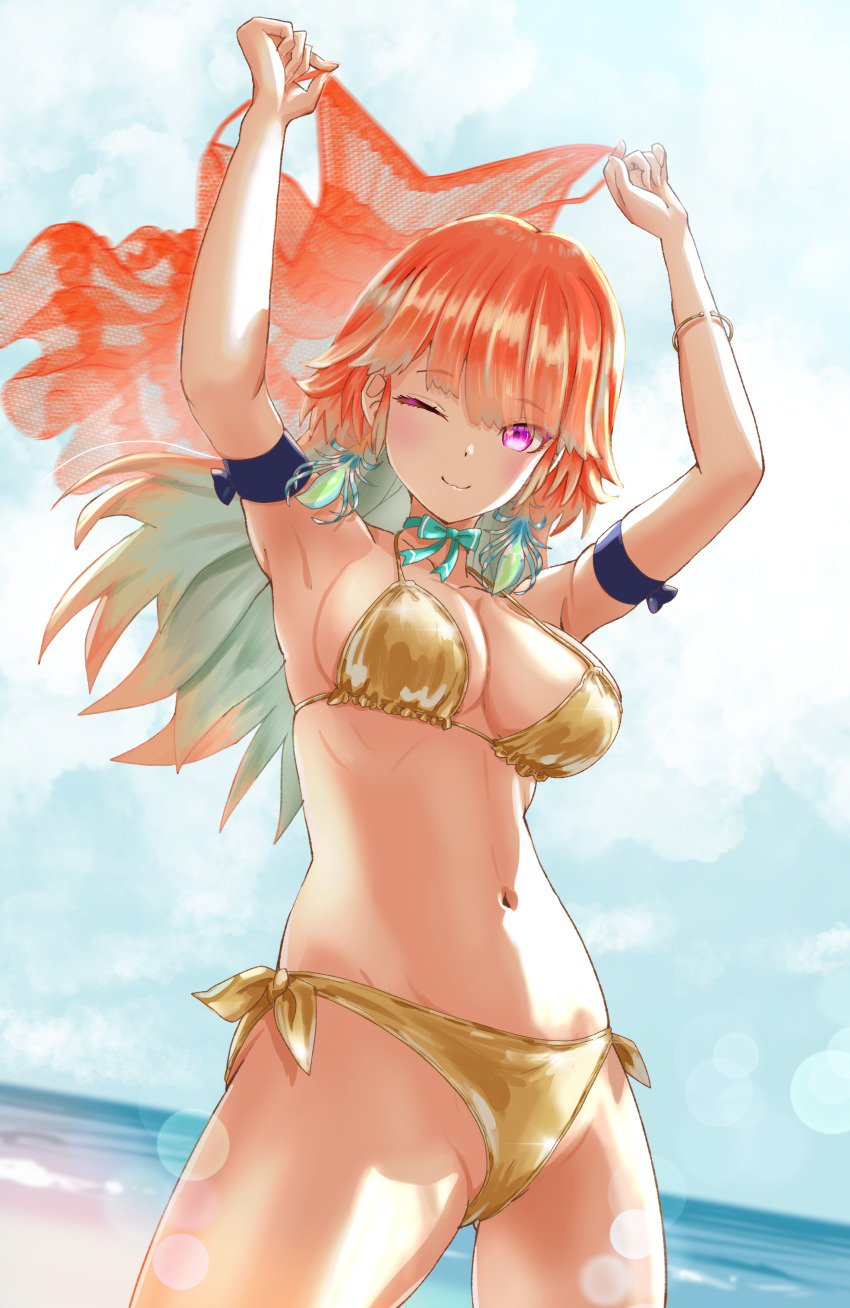 1girl, absurdres, armpits, arms_up, beach, bikini, bracelet, breasts, cleavage, cloud, commission, day, gold_bikini, gradient_hair, highres, hololive, hololive_english, jewelry, lingmu, long_hair, looking_at_viewer, medium_breasts, multicolored_hair, navel, ocean, one_eye_closed, orange_hair, outdoors, purple_eyes, skeb_commission, solo, stomach, swimsuit, takanashi_kiara, virtual_youtuber
