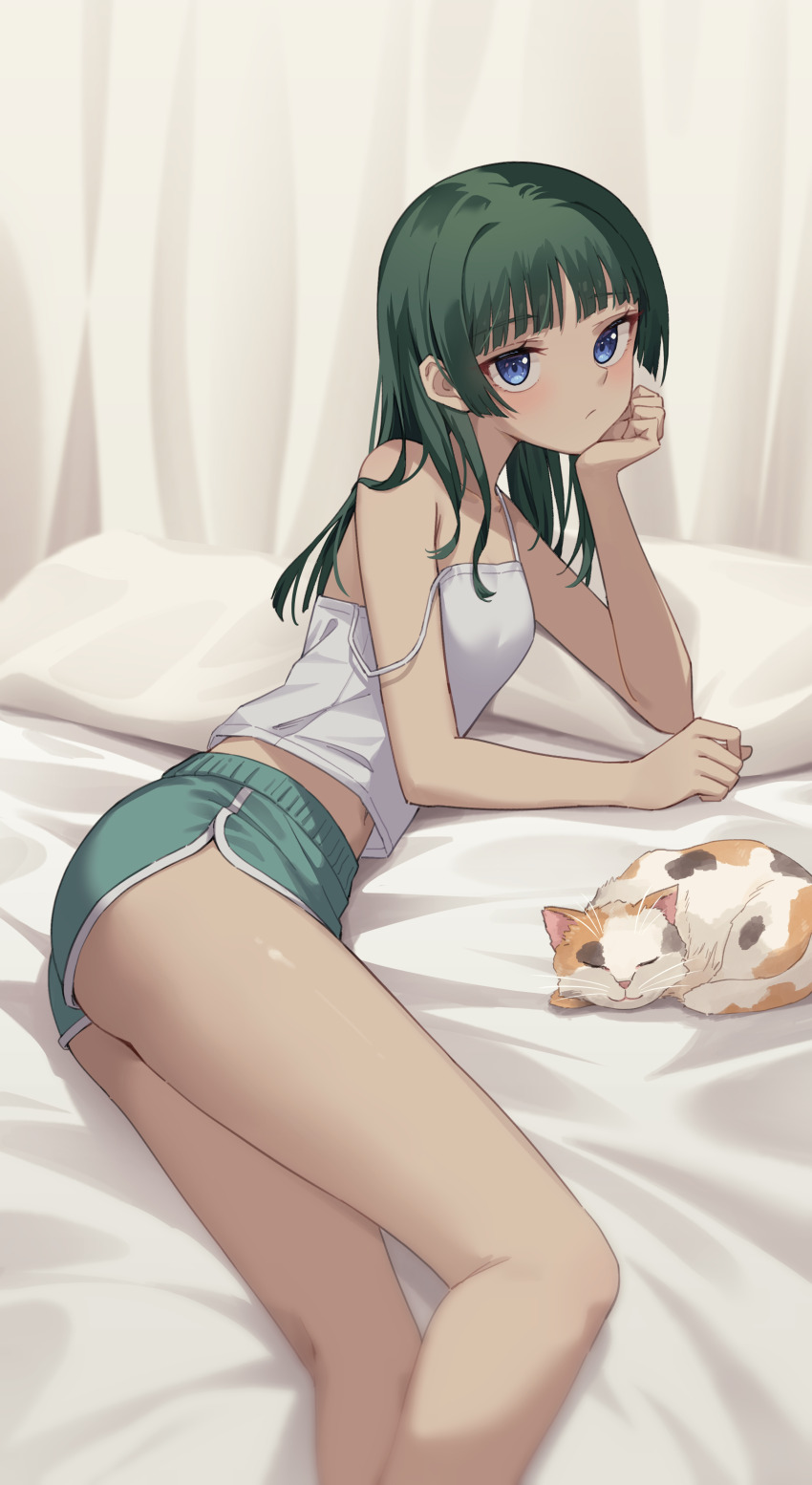 1girl, :/, absurdres, bare_arms, bed_sheet, blue_eyes, blunt_bangs, breasts, camisole, cat, closed_mouth, commentary_request, contemporary, dolphin_shorts, flat_chest, green_hair, hand_on_own_chin, highres, kusuriya_no_hitorigoto, long_hair, looking_at_viewer, lying, mao_mao_the_cat, maomao_(kusuriya_no_hitorigoto), midriff_peek, navel, on_side, profnote, short_shorts, shorts, small_breasts, solo, strap_slip, white_camisole, wispy_bangs