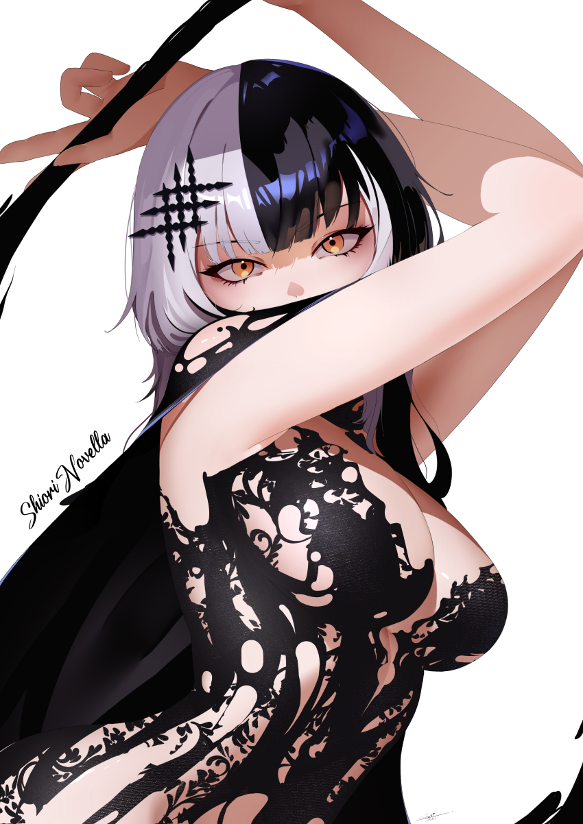 1girl, absurdres, aou13093, black_cape, black_dress, black_hair, breasts, cape