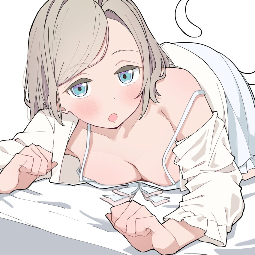 1girl, :o, blue_eyes, blue_ribbon, blush, breasts, cat_tail, ceras_yanagida_lilienfeld, ceras_yanagida_lilienfeld_(summer_loungewear), cleavage, clenched_hands, collarbone, commentary, dress, dress_ribbon, frilled_dress, frilled_sleeves, frills, grey_hair, hair_intakes, highres, jacket, large_breasts, link!_like!_love_live!, liz_(piyoko_piyop), long_hair, long_sleeves, looking_at_viewer, loungewear, love_live!, lying, medium_dress, official_alternate_costume, on_bed, on_stomach, open_clothes, open_jacket, open_mouth, paw_pose, pink_ribbon, ribbon, sidelocks, simple_background, single_bare_shoulder, single_off_shoulder, sleeveless, sleeveless_dress, solo, spaghetti_strap, swept_bangs, tail, virtual_youtuber, white_background, white_dress