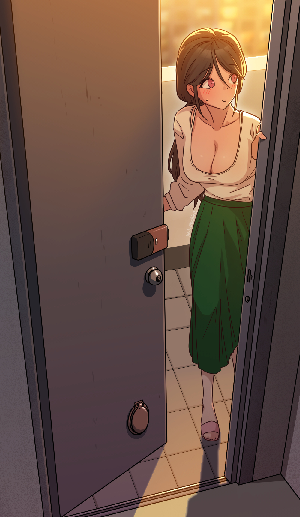 1girl, blush, bra, bra_strap, breasts, brown_hair, commentary, door_lock, doorway, english_commentary, green_skirt, highres, large_breasts, long_hair, nipples, open_door, original, ponytail, pov_doorway, red_machine, sandals, scoop_neck, shirt, shirt_tug, sideways_glance, skirt, smile, solo, sweat, underwear, white_bra, white_shirt
