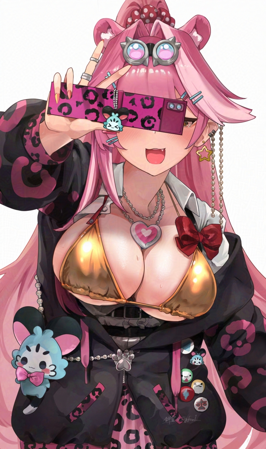 1girl, animal_ears, black_jacket, blush, bra, breasts, cellphone, chattino_(raora_panthera), collarbone, copyright_logo, fang, fingernails, flip_phone, hair_intakes, highres, holding, holding_phone, holding_with_gesture, hololive, hololive_english, jacket, large_breasts, logo, long_hair, mochiyuki_(gigfor1), multicolored_hair, nail_polish, open_mouth, panther_ears, panther_girl, phone, pink_hair, pink_nails, pink_skirt, raora_panthera, simple_background, skirt, smile, solo, streaked_hair, underwear, v, virtual_youtuber, white_background, yellow_bra, yellow_eyes