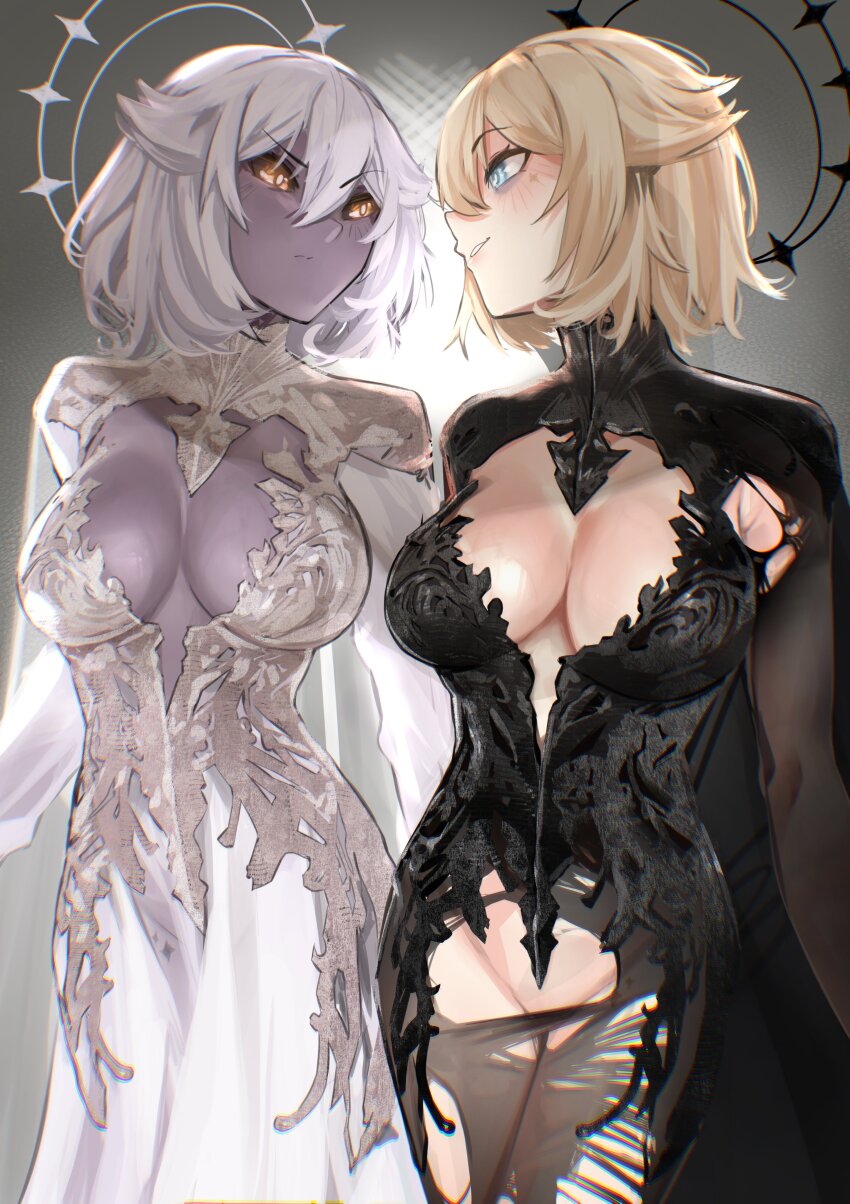 2girls, absurdres, black_dress, black_halo, blonde_hair, blue_eyes, breasts, chronopattern_dress, colored_skin, cowboy_shot, dress, gloomi_(kaneko_lumi), grey_background, grey_hair, grey_skin, halo, highres, kaneko_lumi, large_breasts, multiple_girls, phase_connect, pupi_(rain_prophet), simple_background, virtual_youtuber, white_dress, white_halo, yellow_eyes