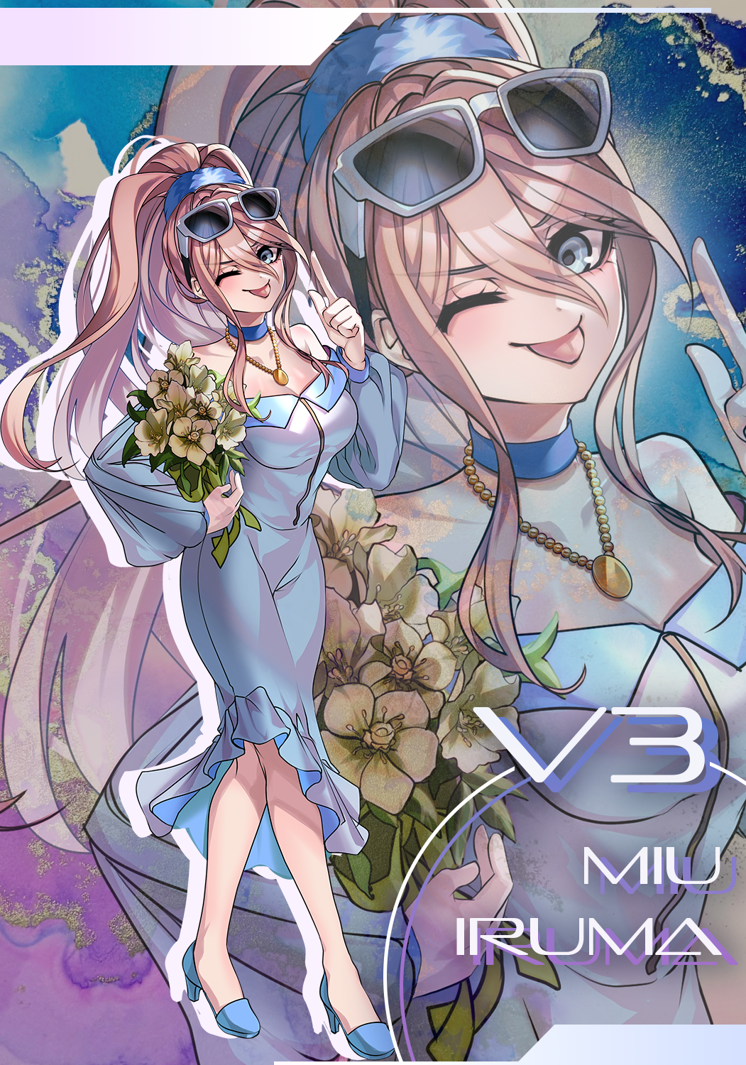 1girl, bare_shoulders, blonde_hair, blue_dress, blue_eyes, blush, bouquet, breasts, character_name, choker, cleavage, commentary_request, danganronpa_(series), danganronpa_v3:_killing_harmony, dress, eyelashes, eyewear_on_head, flower, full_body, hair_between_eyes, high_heels, high_ponytail, highres, holding, holding_bouquet, iruma_miu, jewelry, large_breasts, long_hair, long_sleeves, looking_at_viewer, necklace, nota_sayaka, official_alternate_costume, official_alternate_hairstyle, one_eye_closed, ponytail, smile, solo, standing, sunglasses, tongue, tongue_out, very_long_hair, white_flower