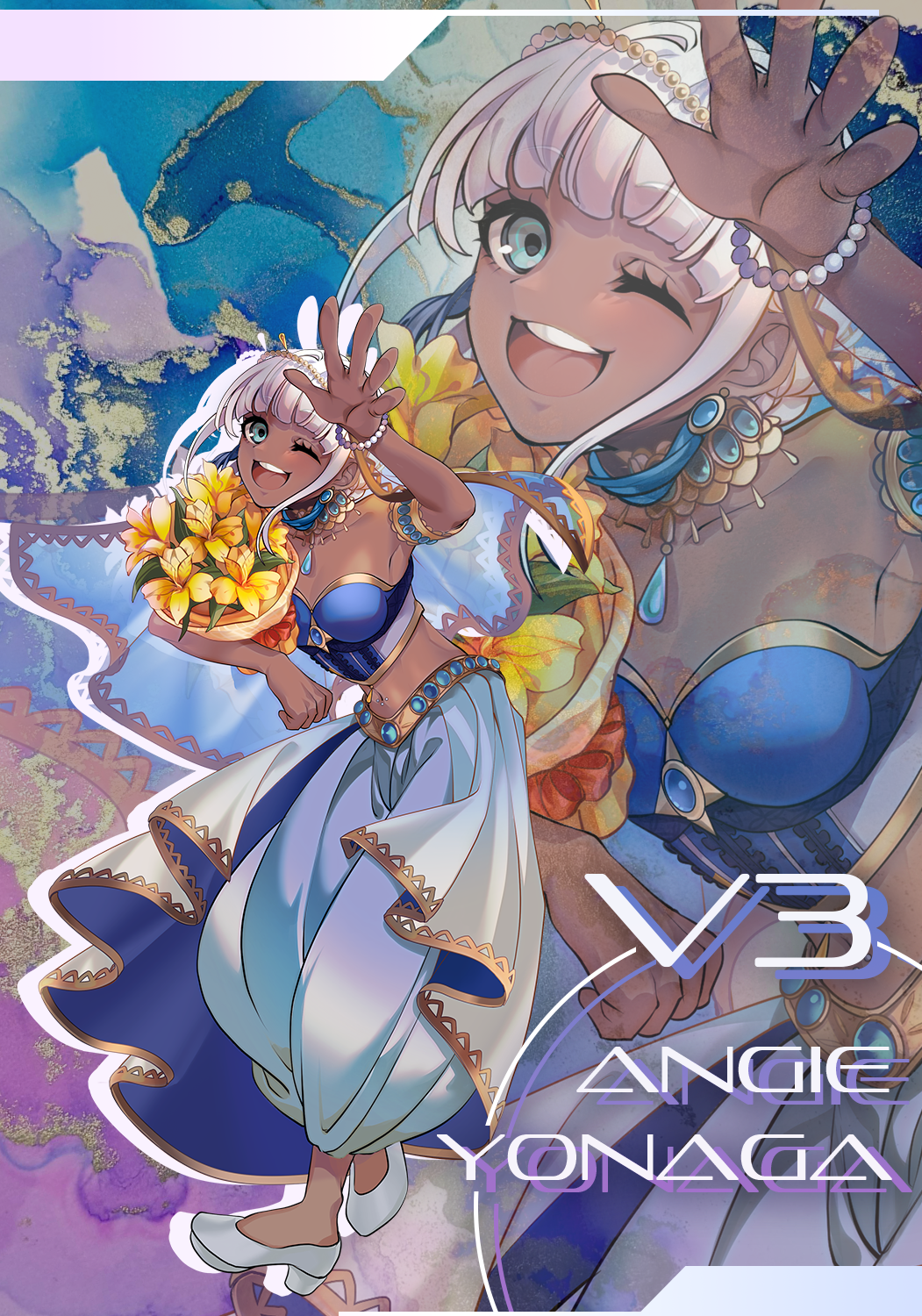 1girl, baggy_pants, bare_shoulders, bead_bracelet, beads, blue_eyes, blunt_bangs, blush