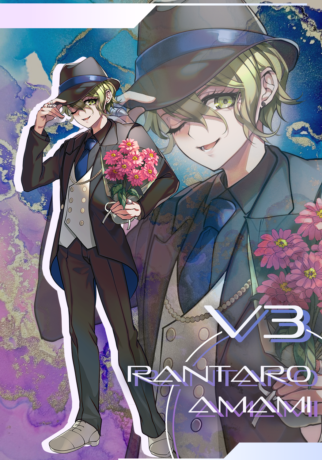 1boy, amami_rantaro, bishounen, black_hat, blue_necktie, buttons, character_name, collared_jacket, commentary_request, danganronpa_(series), danganronpa_v3:_killing_harmony, ear_piercing, eyelashes, flower, full_body, green_hair, hair_between_eyes, hat, hat_tip, highres, holding, holding_flower, jacket, long_sleeves, looking_at_viewer, male_focus, necktie, nota_sayaka, one_eye_closed, open_mouth, pants, piercing, red_flower, shirt, short_hair, smile, solo, standing