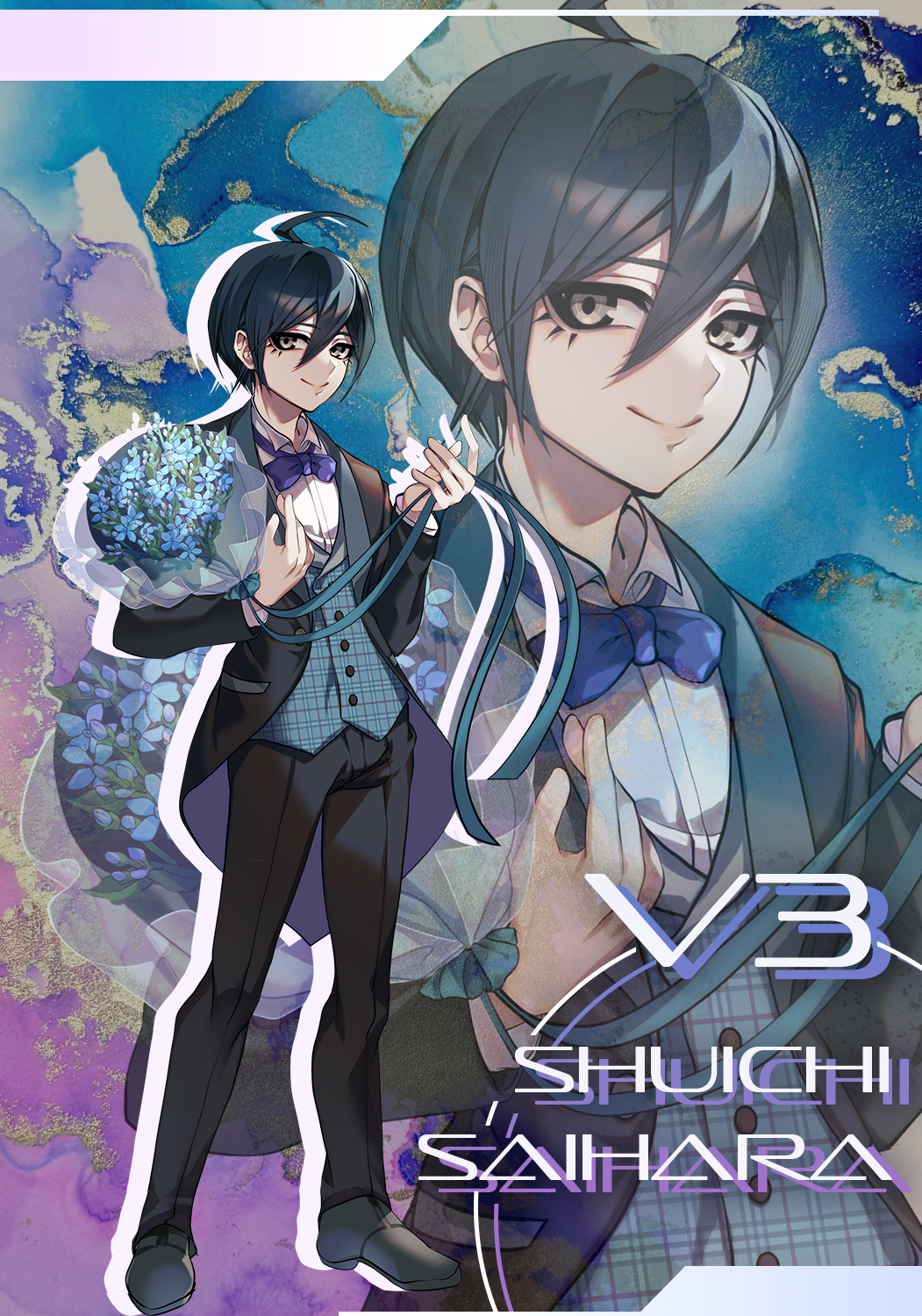 1boy, \||/, ahoge, black_hair, black_jacket, blue_bow, blue_bowtie, blue_flower