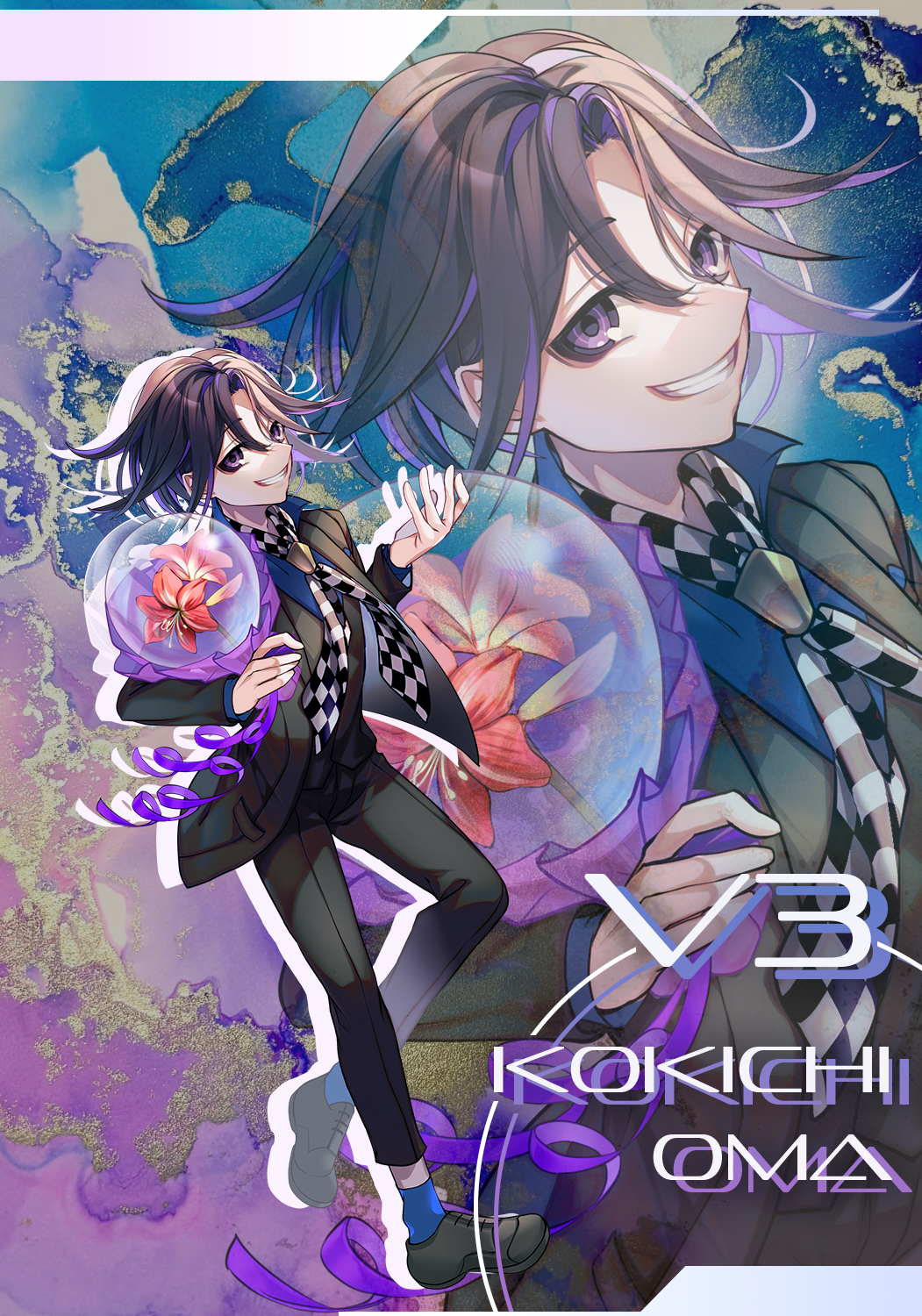 1boy, bouquet, character_name, checkered_necktie, commentary_request, danganronpa_(series), danganronpa_v3:_killing_harmony, flipped_hair