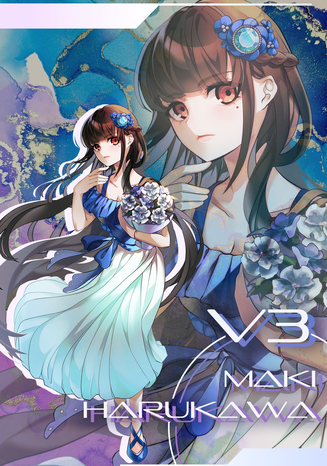 1girl, blue_flower, blunt_bangs, blush, bouquet, braid, breasts, brown_hair