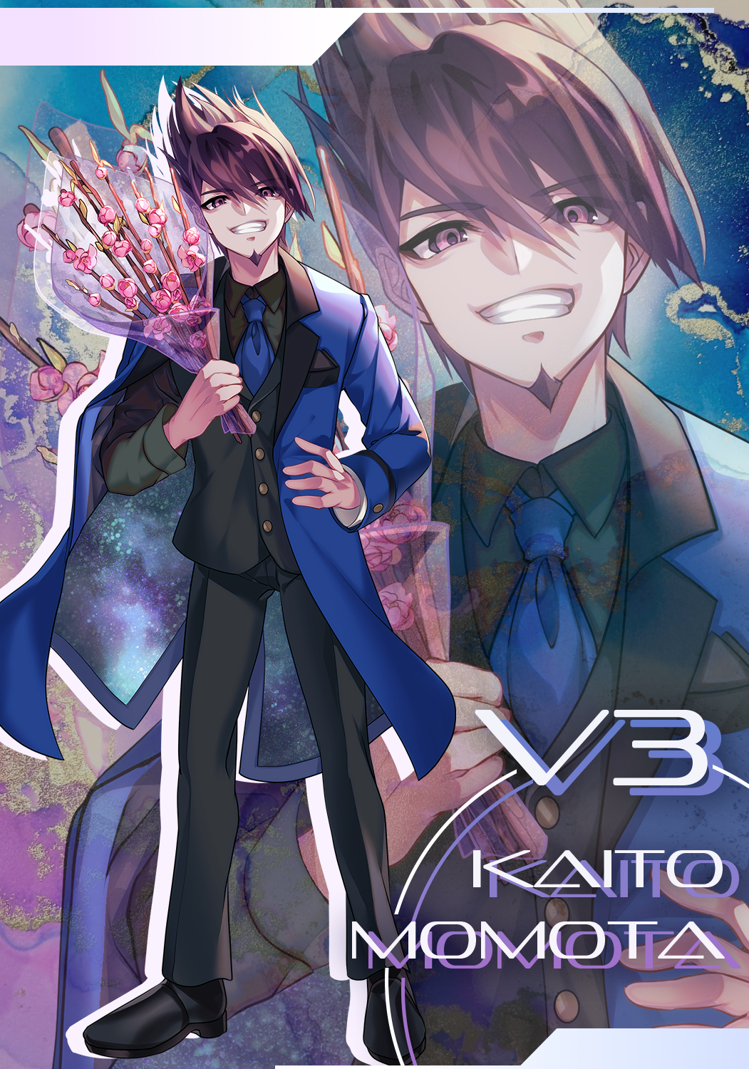1boy, \||/, blue_jacket, blue_necktie, bouquet, buttons, character_name, collared_shirt