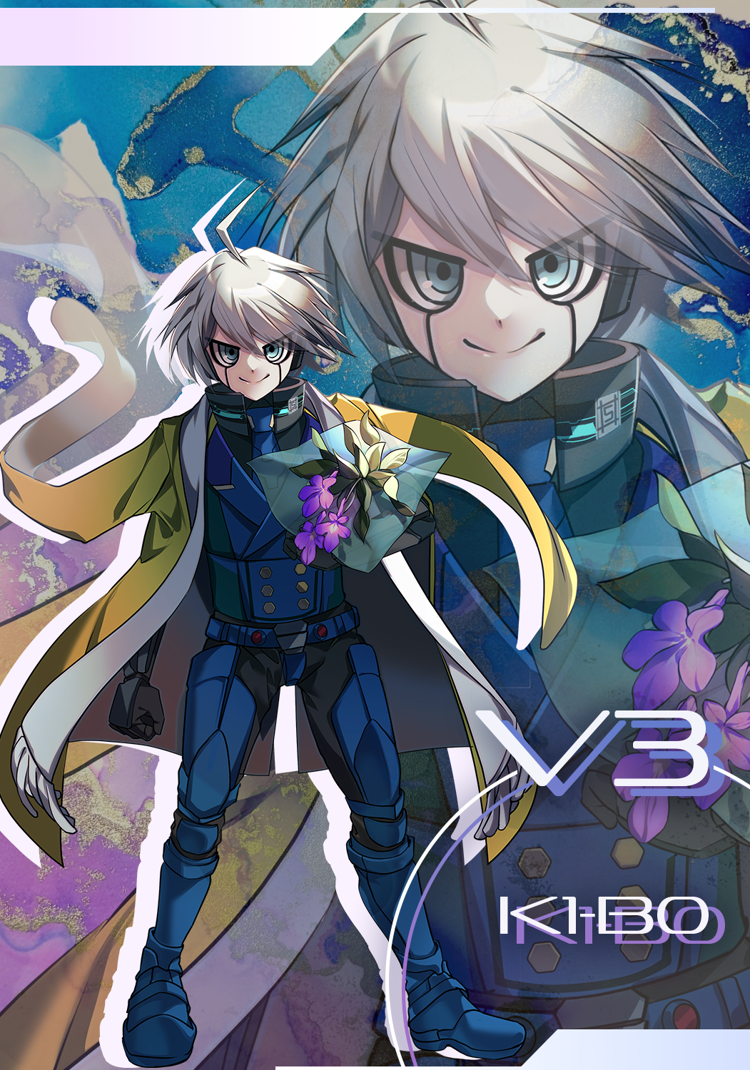 1boy, ahoge, android, armor, blue_eyes, bouquet, buttons, character_name