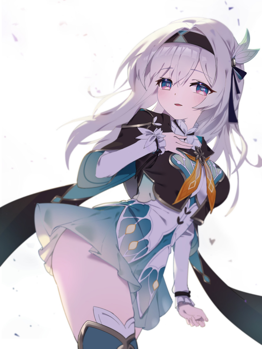 1girl, absurdres, aqua_dress, aqua_skirt, aqua_thighhighs, ass, black_hairband, black_jacket