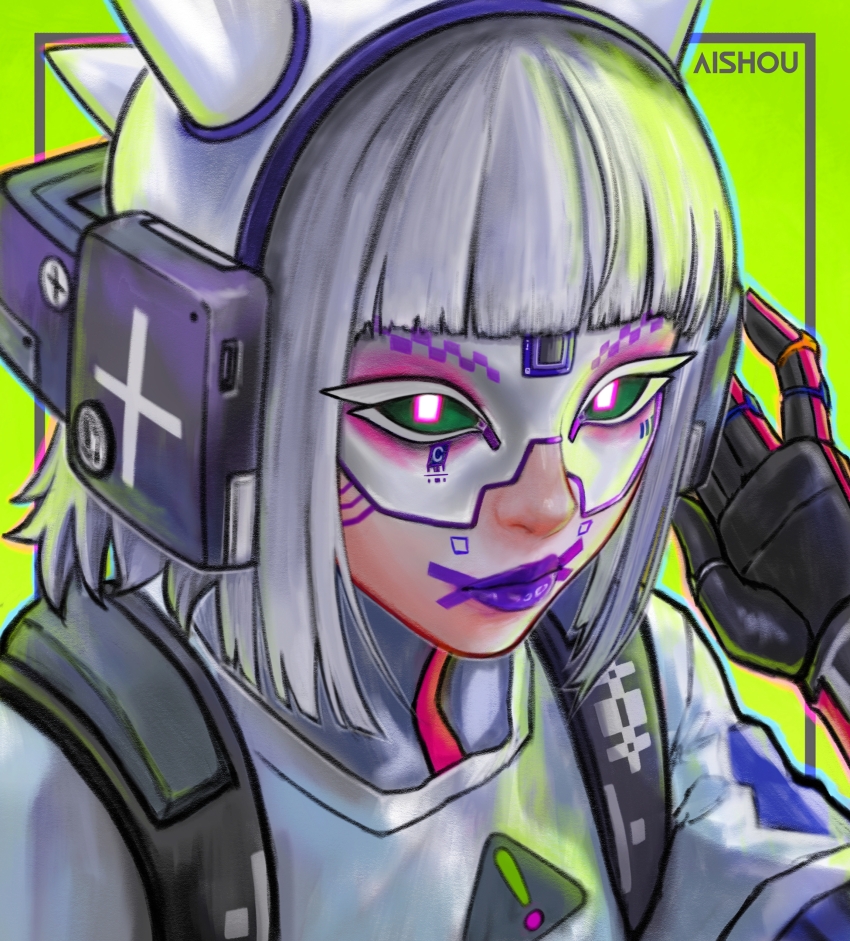1girl, absurdres, ai_shou, artist_name, character_request, colored_eyelashes, colored_sclera, commentary, cyberpunk, english_commentary, glowing, glowing_eyes, green_background, green_sclera, headphones, highres, marathon_(2026), marathon_(series), purple_lips, short_hair, solo, white_hair