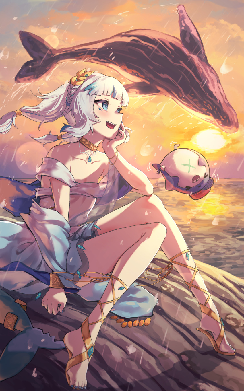 1girl, absurdres, ancient_greek_clothes, bloop_(gawr_gura), blue_dress, blue_eyes, blue_gem, blue_hair, blue_nails, bracelet, braid, chaban_eroi, collarbone, dress, fins, fish_tail, gawr_gura, gawr_gura_(party_dress), gem, gold_bracelet, gradient_clothes, gradient_dress, greco-roman_clothes, hair_tubes, head_rest, highres, himation, hololive, hololive_english, horizon, humpback_whale, jewelry, knees_up, multicolored_hair, nail_polish, ocean, outdoors, sandals, shark_tail, sharp_teeth, sitting, smile, solo, streaked_hair, sunset, tail, teeth, toenail_polish, toenails, virtual_youtuber, whale, white_dress, white_hair