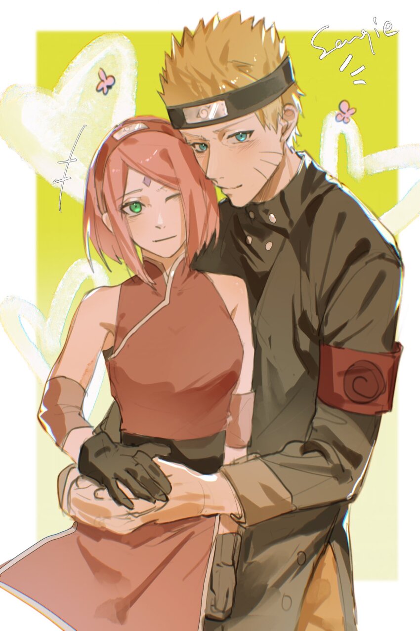 1boy, 1girl, black_headband, blonde_hair, blue_eyes, dress, flak_jacket, forehead_protector, green_eyes, haruno_sakura, headband, highres, jacket, naruto:_the_last, naruto_(classic), naruto_(series), ninja, pink_dress, pink_hair, sanqie, short_hair, uzumaki_naruto, uzumaki_symbol