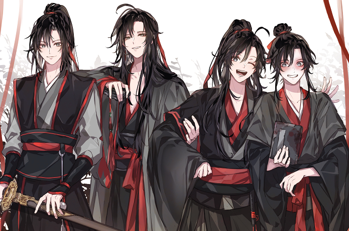 4boys, ;d, ahoge, arm_on_another's_shoulder, bishounen, black_hair, black_hanfu, black_robe