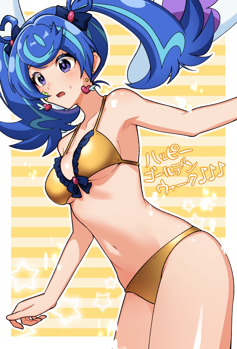 1girl, bare_shoulders, bikini, blue_angel_(yu-gi-oh!), blue_eyes, blue_hair, border, breasts, collarbone, commentary_request, cowboy_shot, earrings, gold_bikini, golden_week, heart, heart_earrings, highres, jewelry, medium_breasts, simple_background, solo, swimsuit, translation_request, twintails, white_border, yakishio_(yakishioman), yellow_background, yu-gi-oh!, yu-gi-oh!_vrains, zaizen_aoi