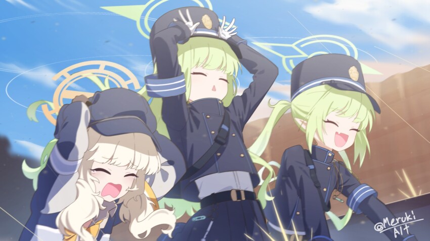 3girls, aoba_(blue_archive), belt, black_hat, blonde_hair, blue_archive, blue_sky, blush