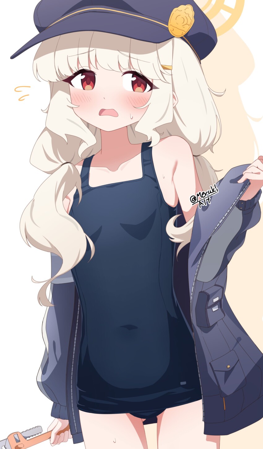 1girl, absurdres, aoba_(blue_archive), black_hat, blue_archive, blue_hat, blue_one-piece_swimsuit, blush