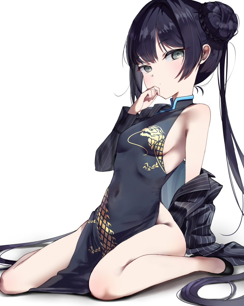 1girl, absurdres, black_dress, black_hair, black_shoes, blue_archive, braid, braided_bun, breasts, butterfly_hair_ornament, china_dress, chinese_clothes, commentary, covered_navel, dragon_print, dress, grey_eyes, grey_jacket, hair_bun, hair_ornament, highres, jacket, kisaki_(blue_archive), kkaru, loli, long_hair, long_sleeves, looking_at_viewer, pelvic_curtain, pinstripe_jacket, pinstripe_pattern, print_dress, shoes, simple_background, sitting, sleeveless, sleeveless_dress, small_breasts, solo, striped_clothes, striped_jacket, thighs, twintails, vertical-striped_clothes, vertical-striped_jacket, wariza, white_background