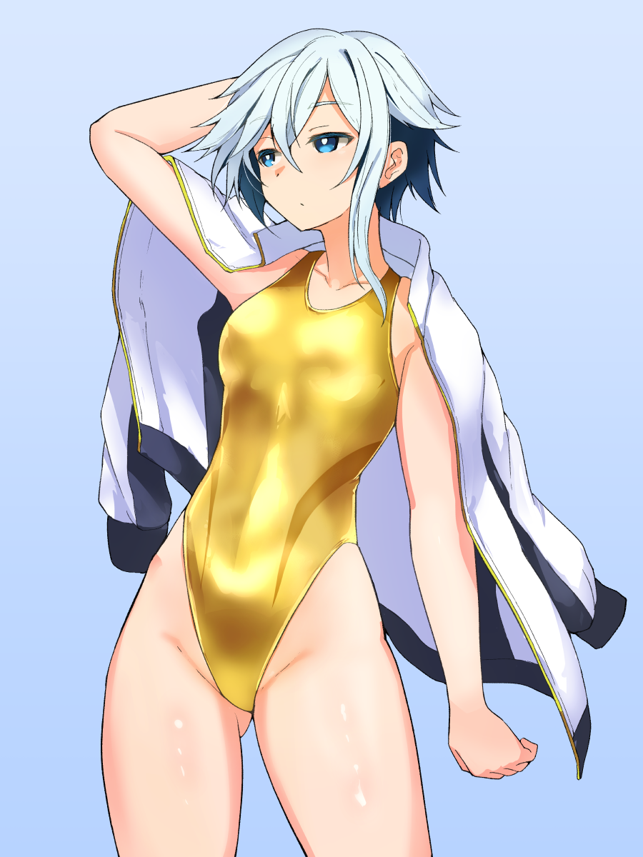 1girl, aniya_marumi, black_hair, blue_background, blue_eyes, colored_inner_hair, commentary_request, competition_swimsuit, contrapposto, gluteal_fold, gold_one-piece_swimsuit, gradient_background, highleg, highleg_one-piece_swimsuit, highres, jacket, jacket_on_shoulders, multicolored_hair, one-piece_swimsuit, original, shiro_maru, short_hair, solo, standing, swimsuit, white_hair, white_jacket