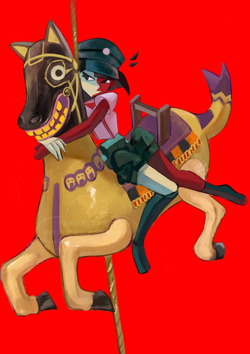 1girl, black_hair, blunt_bangs, carousel, colored_skin, colored_teeth, ena:_dream_bbq, ena_(dream_bbq), ena_(series), ena_(species), fish_(ena), green_shorts, hat, highres, horse, kneehighs, medium_hair, red_background, red_skin, salesperson_ena, shirt, shorts, sitting, smile, socks, solo, split-color_skin, teeth, usagimarumei, white_shirt, white_skin, yellow_teeth