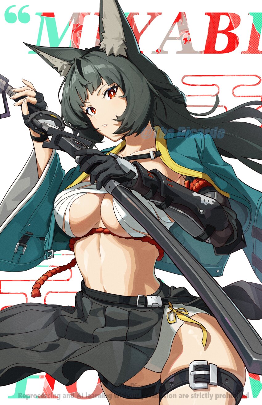 1girl, absurdres, animal_ear_fluff, animal_ears, armored_gloves, belt, black_gloves, black_hair