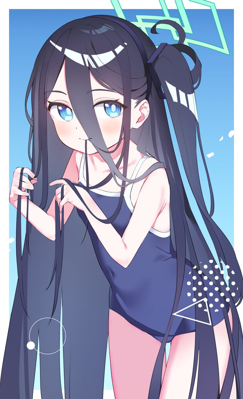 1girl, absurdres, aris_(blue_archive), bare_shoulders, black_hair, blue_archive, blue_background, blue_eyes, blue_one-piece_swimsuit, blush, breasts, green_halo, hair_between_eyes, halo, highres, long_hair, looking_at_viewer, one-piece_swimsuit, school_swimsuit, side_ponytail, sidelocks, simple_background, solo, swimsuit, tyokosohu, very_long_hair