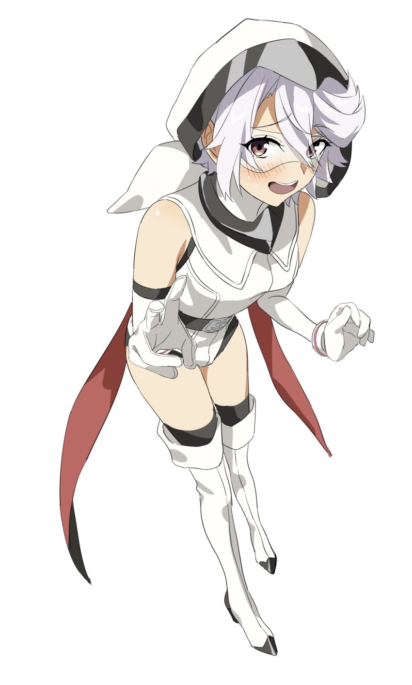 1girl, absurdres, bangle, bare_shoulders, belt, black_thighhighs, blush, boots, bracelet, breasts, detached_hood, elbow_gloves, eye_mask, full_body, gloves, high_heel_boots, high_heels, highres, jewelry, leaning_forward, leotard, looking_at_viewer, mask, open_mouth, pink_eyes, raised_eyebrows, short_hair, shy_(character), shy_(series), simple_background, small_breasts, smile, solo, standing, tailcoat, thigh_boots, thighhighs, v, white_background, white_boots, white_gloves, white_hair, white_leotard, wqdofjpeqs63235