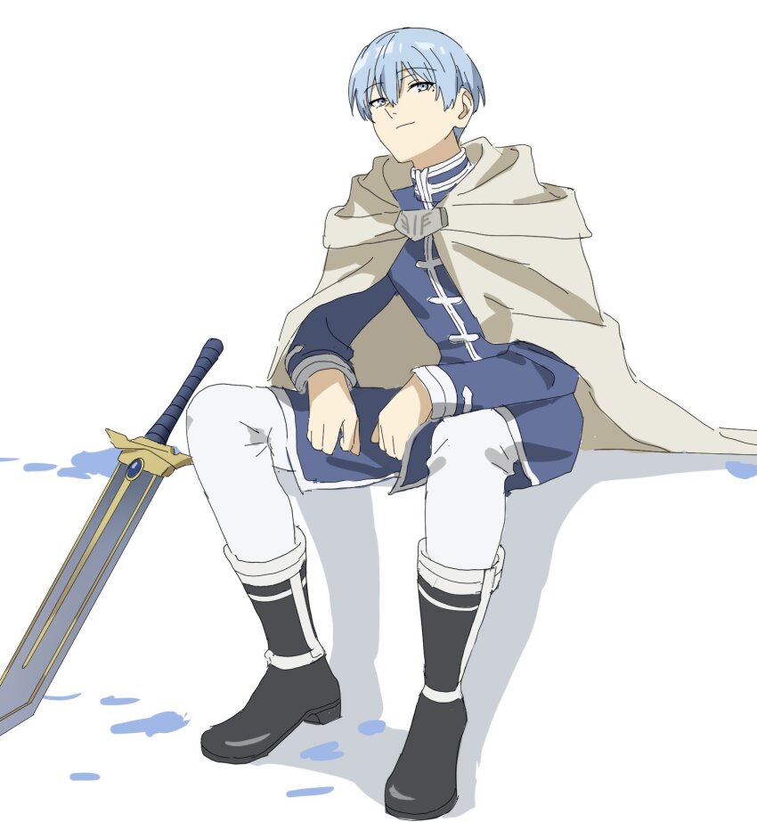 1boy, black_boots, blue_eyes, blue_hair, blue_jacket, boots, cape, closed_mouth