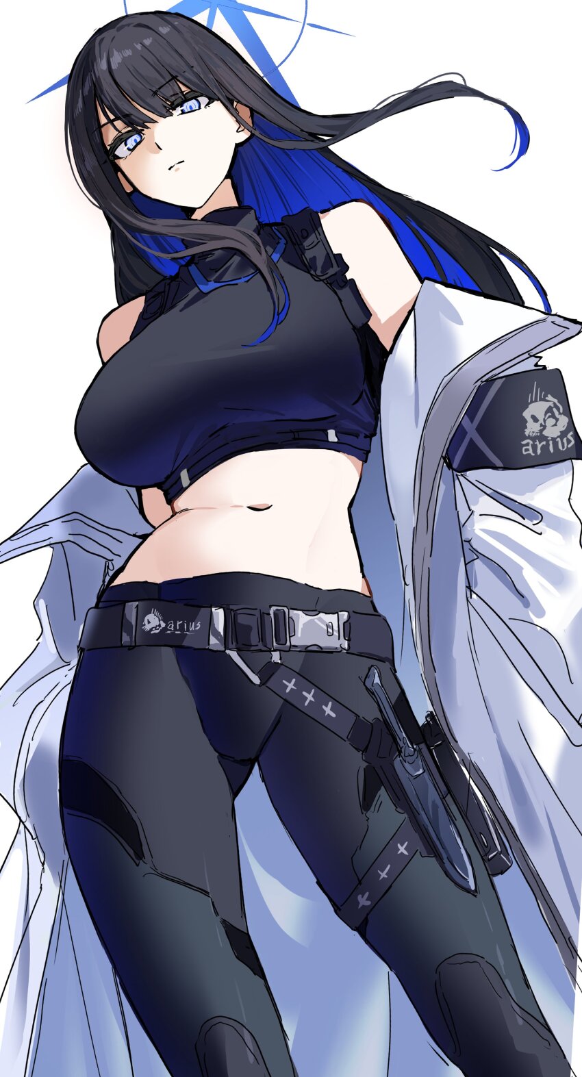 1girl, absurdres, blue_archive, blue_eyes, blue_hair, blue_halo, buckle, chest_harness