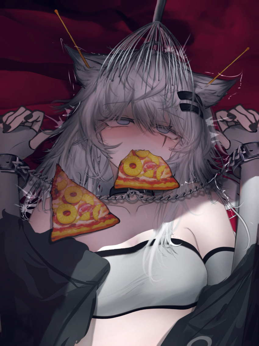 1girl, absurdres, animal_ear_fluff, animal_ears, arknights, bandeau, bare_shoulders, black_jacket