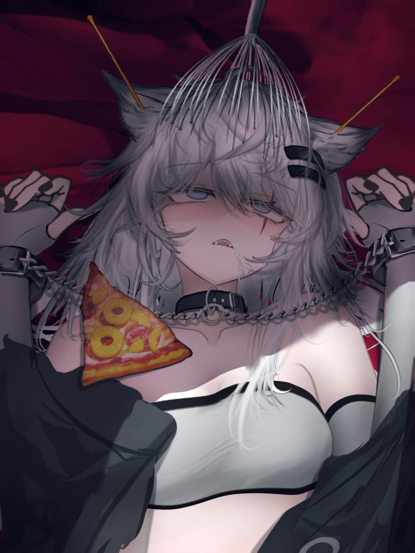 1girl, absurdres, animal_ear_fluff, animal_ears, arknights, bandeau, bare_shoulders, black_jacket