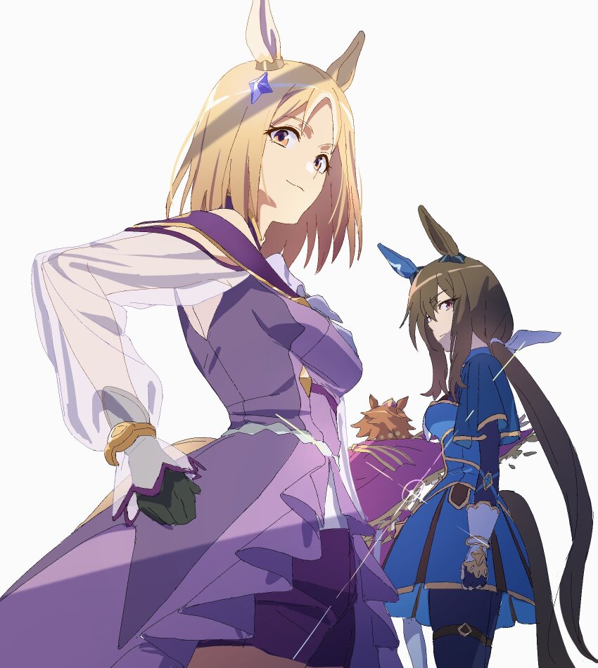 3girls, admire_vega_(umamusume), animal_ears, arms_at_sides, black_gloves, blonde_hair, blue_dress, blue_thighhighs