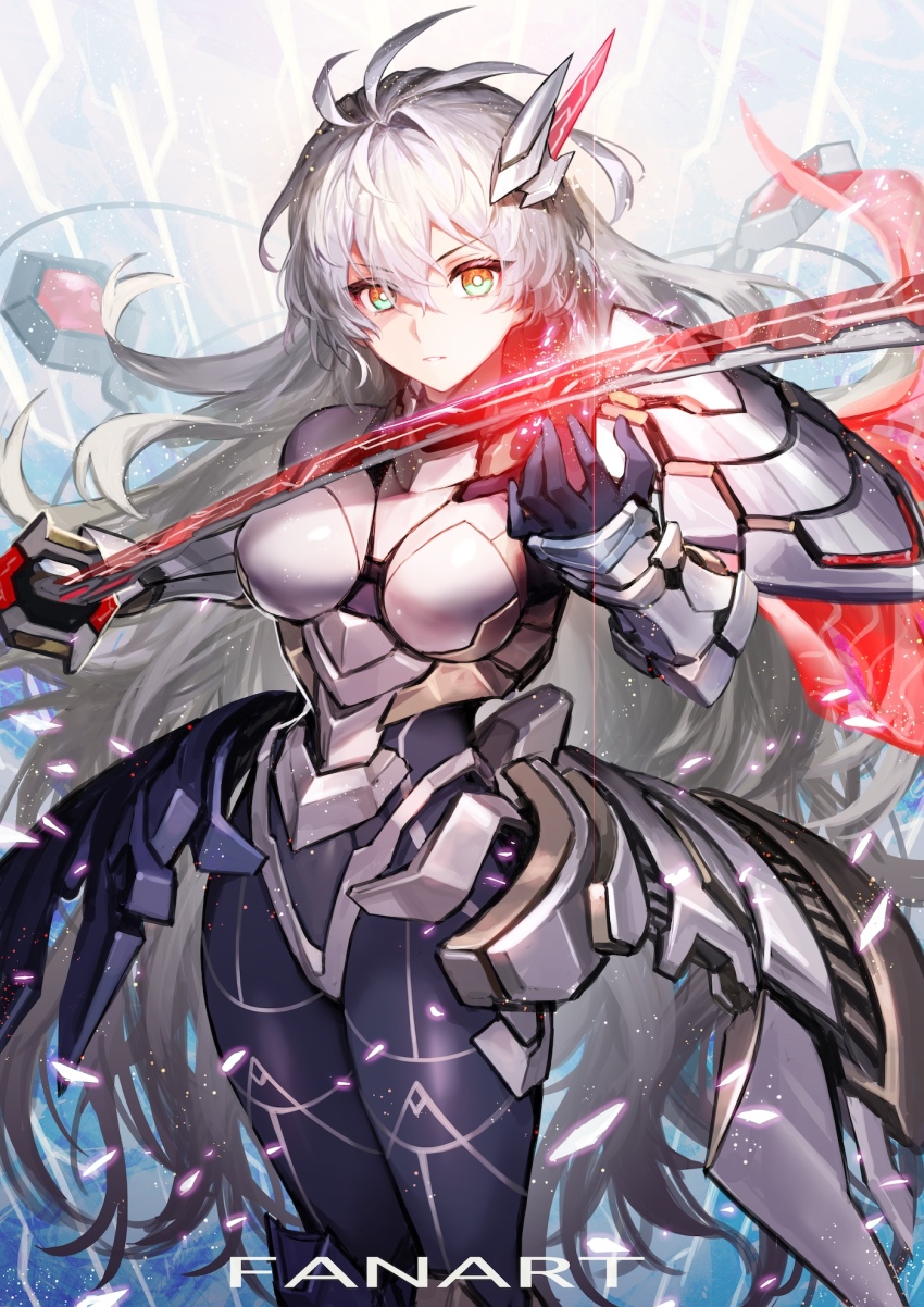 1girl, armor, black_bodysuit, bodysuit, breasts, duel_monster, grey_hair, hair_between_eyes