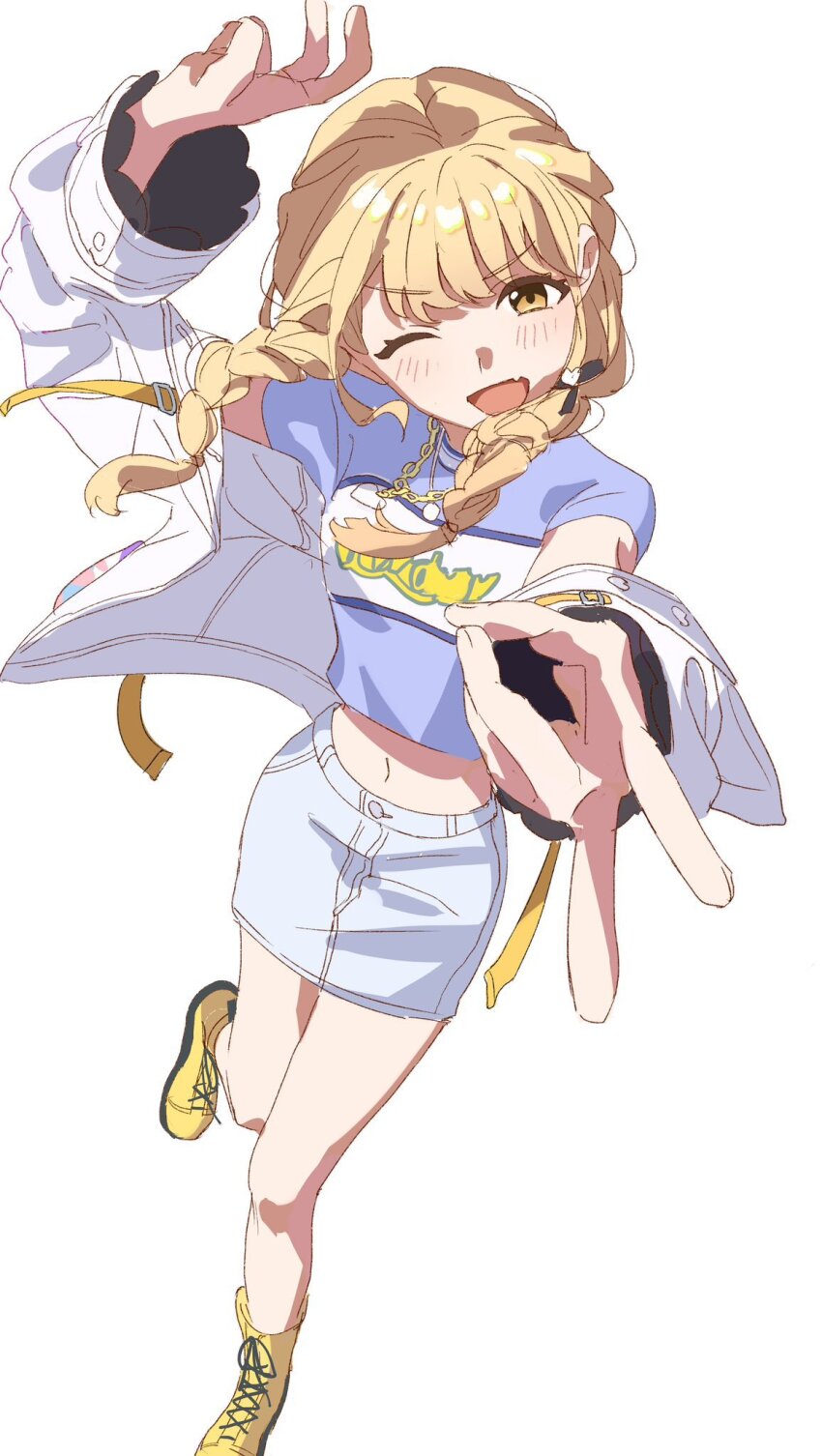 1girl, arm_up, blonde_hair, blue_shirt, blush, boots, braid, breasts