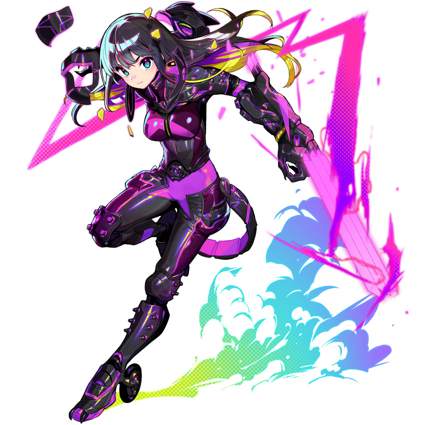 1girl, black_bodysuit, black_hair, blonde_hair, blue_eyes, bodysuit, boots, breasts