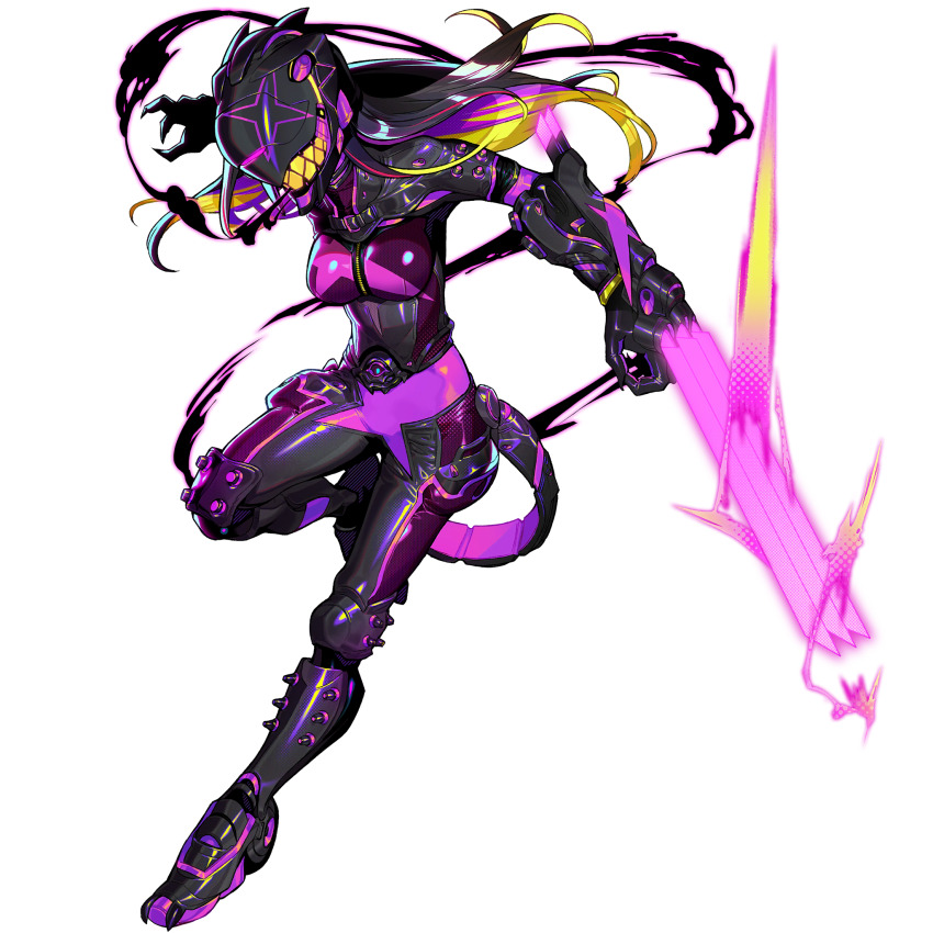 1girl, black_bodysuit, black_hair, blonde_hair, bodysuit, boots, breasts, claw_(weapon)