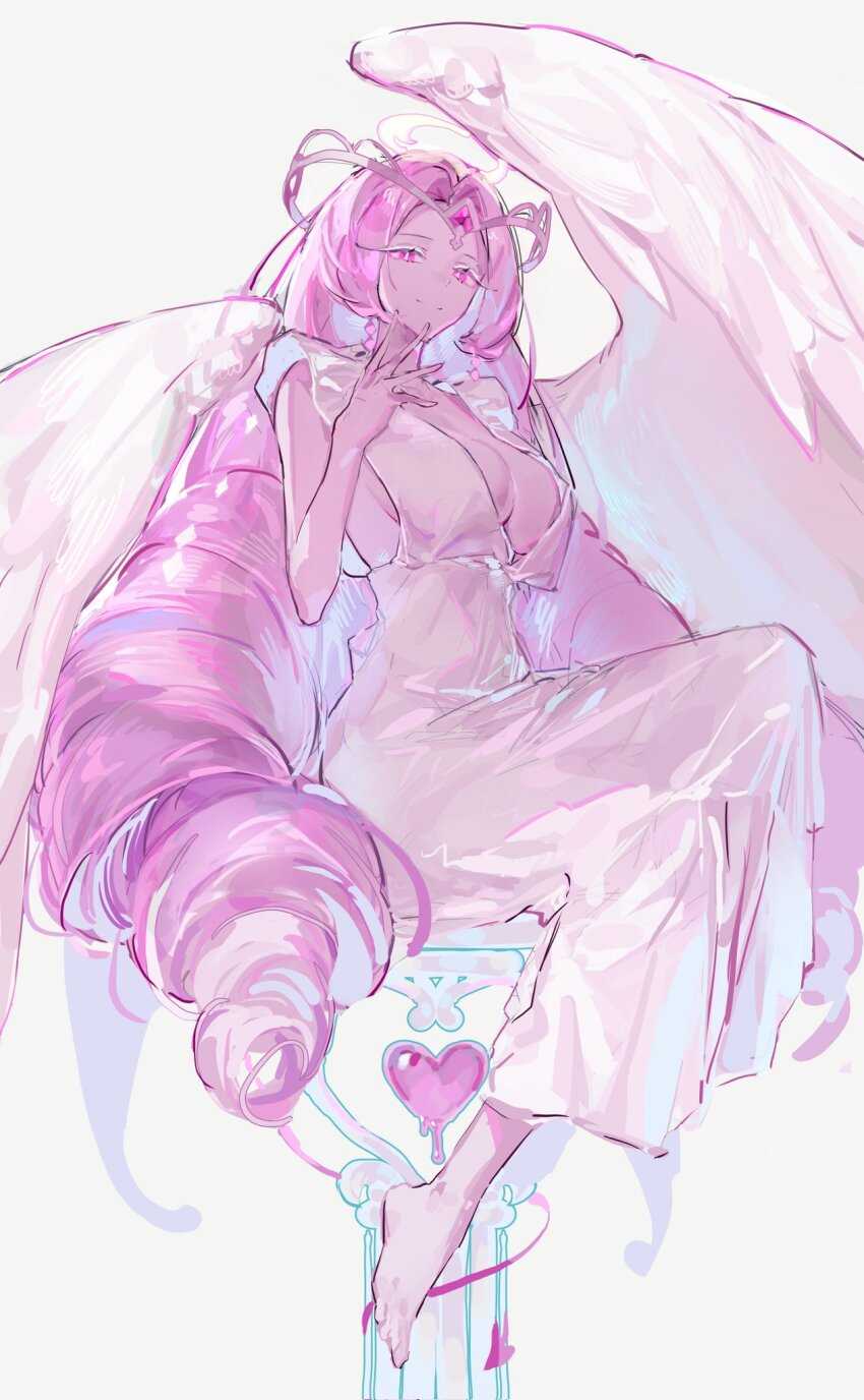 1girl, angel, angel_wings, barefoot, breasts, cleavage, colored_skin, cookie_run